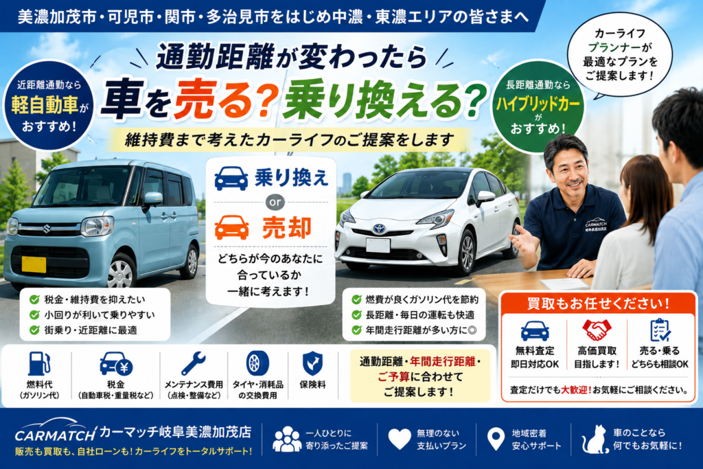 美濃加茂市で通勤距離や維持費に合わせて軽自動車・ハイブリッドカーの購入や車買取・乗り換えを相談できるカーマッチ岐阜美濃加茂店