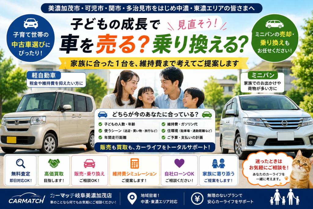 美濃加茂市で子どもの成長に合わせて軽自動車やミニバンの中古車購入・車買取・乗り換えを相談できるカーマッチ岐阜美濃加茂店