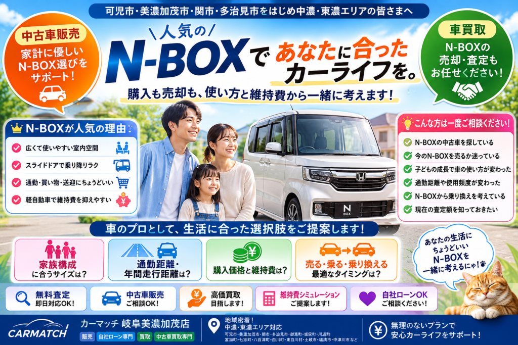 可児市でN-BOXの中古車販売・車買取・無料査定・乗り換えを相談できるカーマッチ岐阜美濃加茂店