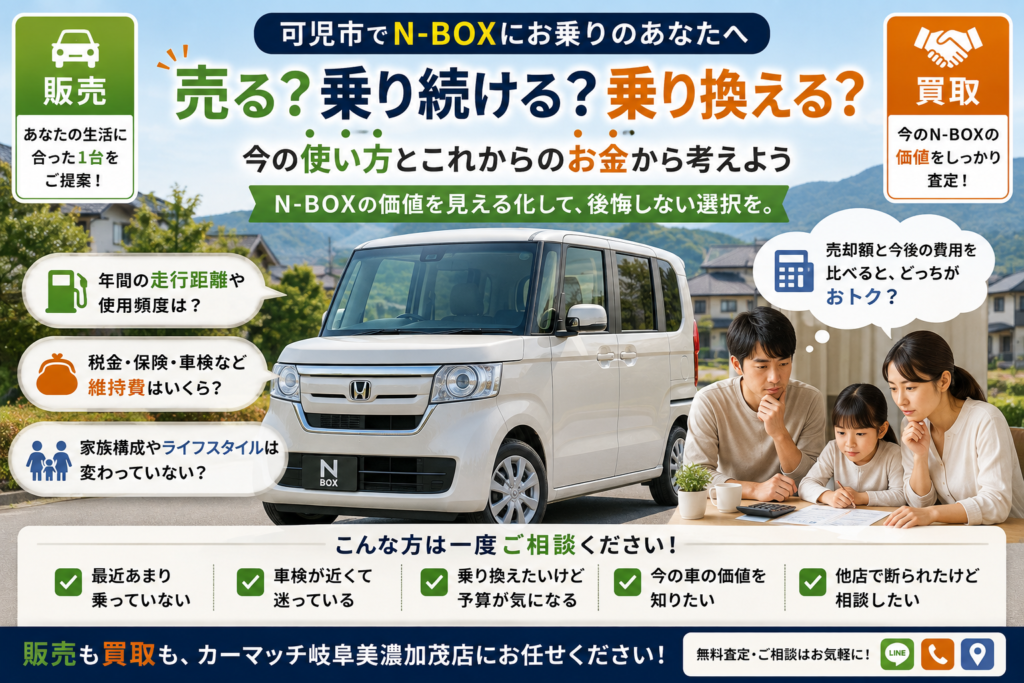 可児市でN-BOXの中古車販売・車買取・無料査定・乗り換えを維持費や走行距離から相談できるカーマッチ岐阜美濃加茂店