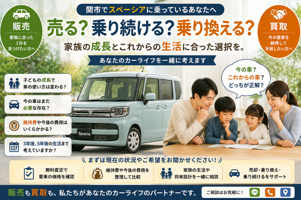 関市でスペーシアの中古車販売・車買取・無料査定・乗り換えを家族の成長や3年後5年後の生活から相談できるカーマッチ岐阜美濃加茂店