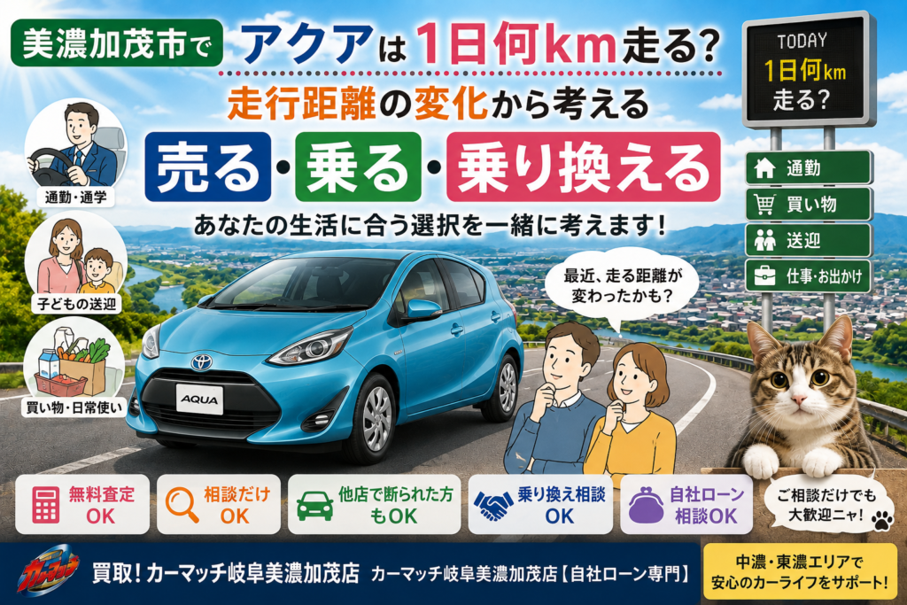 美濃加茂市でアクアの中古車販売・自社ローン・車買取・無料査定・乗り換えを毎日の走行距離や生活の変化から相談できるカーマッチ岐阜美濃加茂店