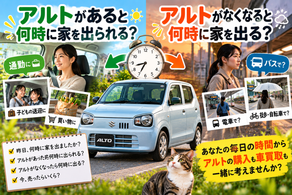 家を出る時間からアルトの中古車購入と車買取を考えるカーマッチ岐阜美濃加茂店