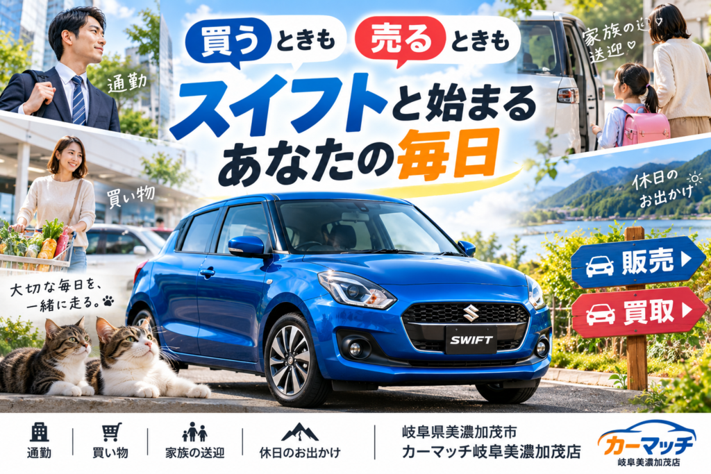 一日の中で通勤・買い物・家族の送迎に活躍するスイフトの中古車購入と車買取を考えるカーマッチ岐阜美濃加茂店