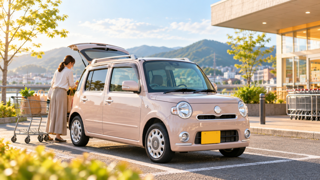 買い物帰りに荷物を積み込むミラココアの中古車選びと車買取を考えるカーマッチ岐阜美濃加茂店