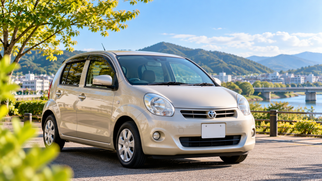 岐阜県の街並みを背景に駐車したトヨタ・パッソの中古車選びと車買取を考えるカーマッチ岐阜美濃加茂店