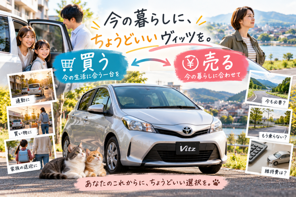 トヨタ・ヴィッツを中心に通勤・買い物・家族の送迎など生活の変化を描き、中古車購入と車買取を考えるカーマッチ岐阜美濃加茂店