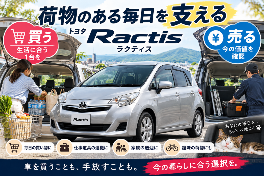 トヨタ・ラクティスの荷室に買い物袋や仕事道具を積む日常風景から、中古車購入と車買取を考えるカーマッチ岐阜美濃加茂店
