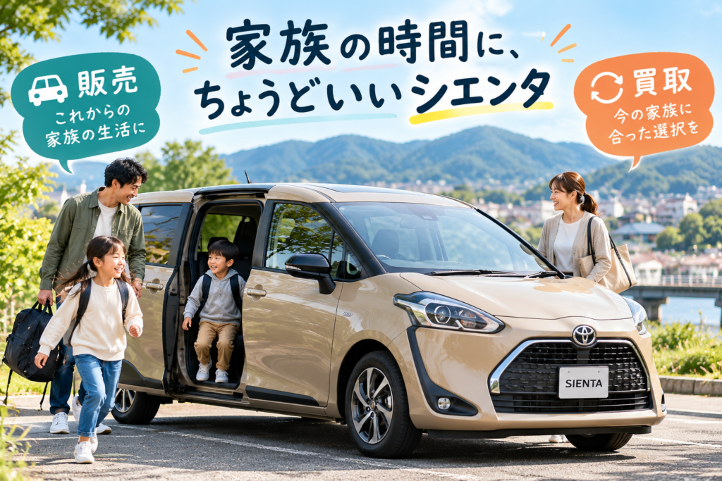 家族の送迎に使うトヨタ・シエンタとスライドドアから乗り降りする子どもたちを描き、中古車購入と車買取を考えるカーマッチ岐阜美濃加茂店