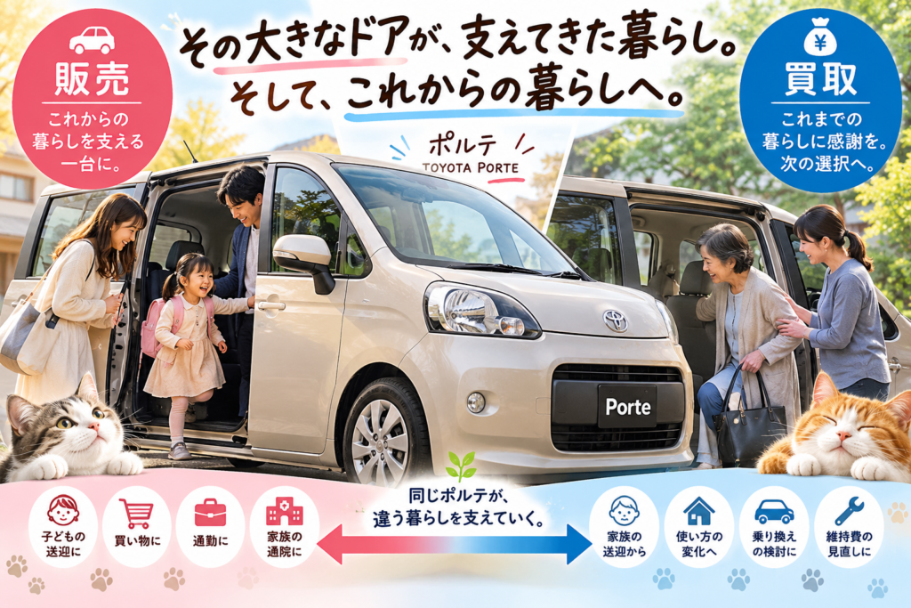 トヨタ・ポルテの大きなスライドドアを使った子どもや高齢の家族の乗り降りを描き、中古車販売と車買取を考えるカーマッチ岐阜美濃加茂店