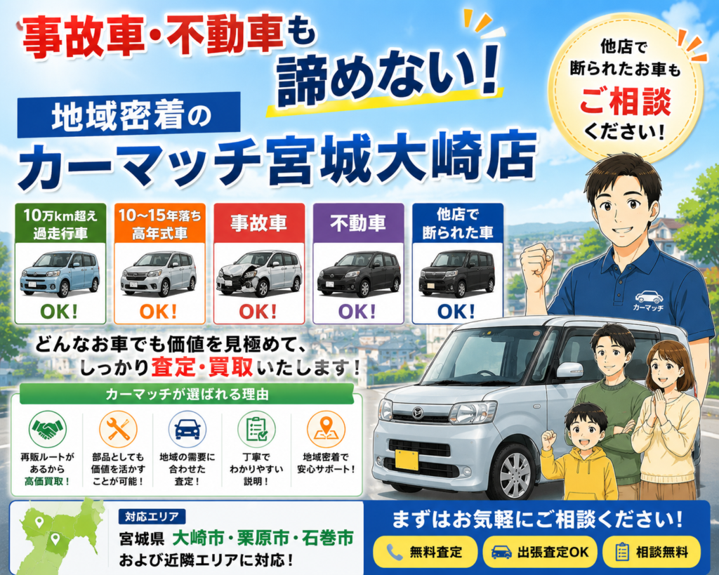 事故車・不動車も諦めない！地域密着のカーマッチ宮城大崎店
