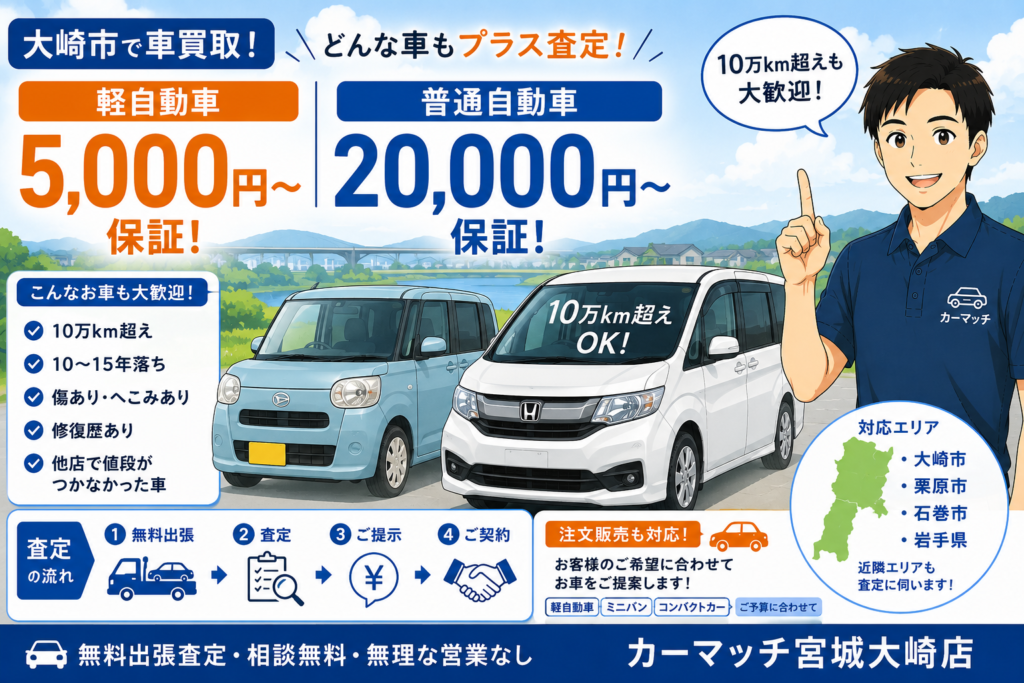 大崎市で車買取！軽5000円・普通車2万〜保証！どんな車もプラス査定